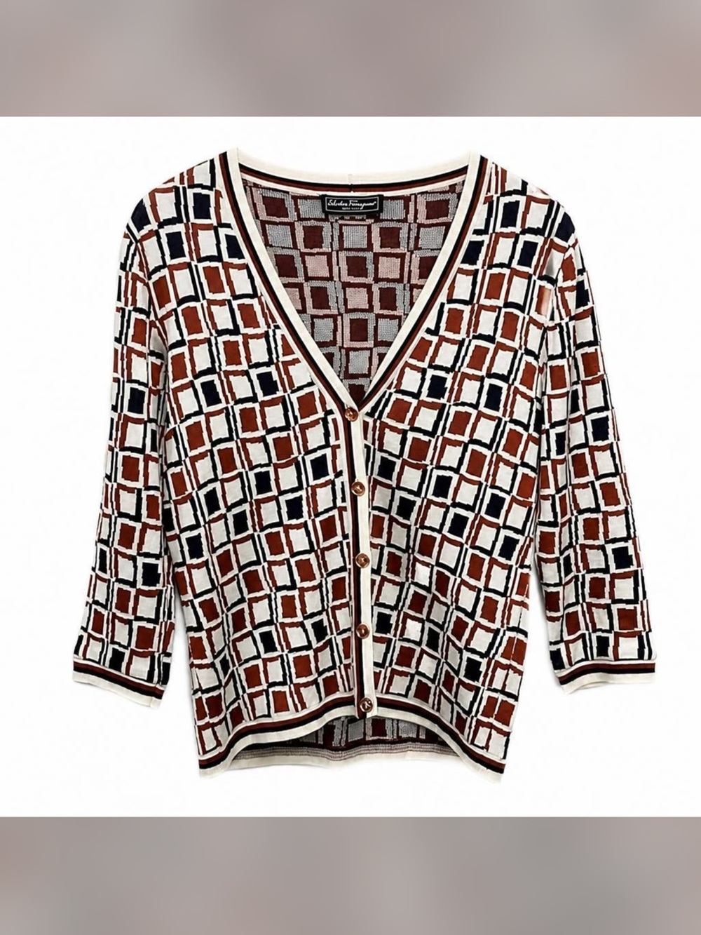 Salvatore Ferragamo Geometric V-Neck Cardigan in Brown Black White